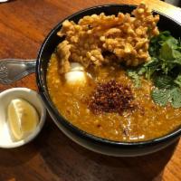 Moh Hinga Soup(Catfish Chowder Noodle Soup) · Fish chowder with rice noodles, ground catfish, onions, cilantro, lemon & topped with chili.