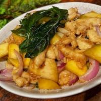 Mango Chicken · Stir fried chicken breast with fresh mangos and onions in a light chili sauce.Stir fried chi...
