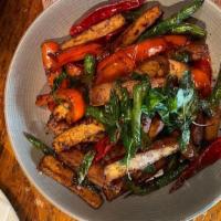 Fiery Tofu · Stir fried string beans, red bell peppers, tofu and basil in our 5 spice - sweet heat sauce.