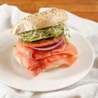 9. Lox Sandwich · Salmon, cream cheese, onion, cucumber, tomato, and sprouts
