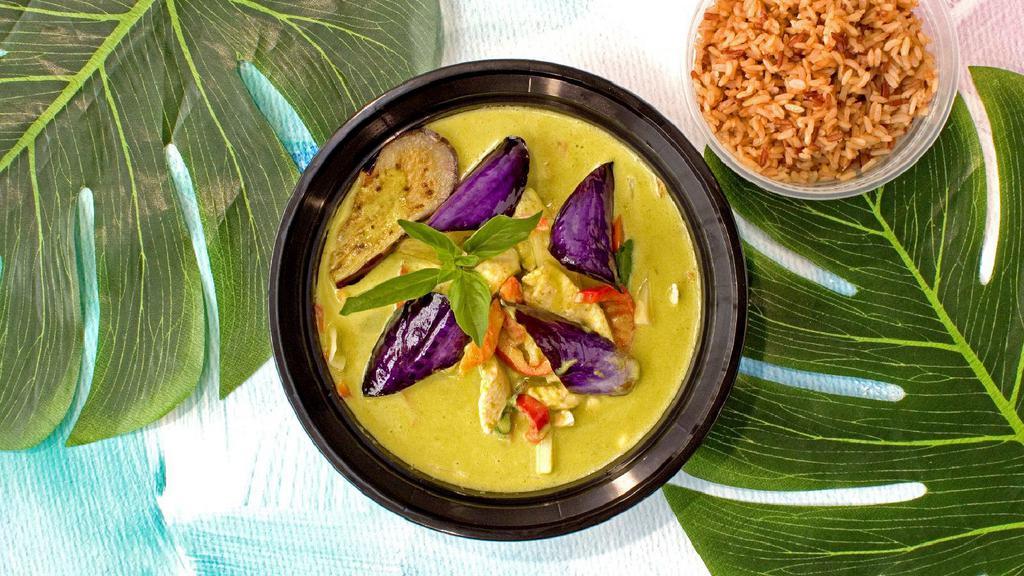 Green Curry · fresh green chili paste, coconut milk, Thai eggplant, bell peppers, basil & bamboo shoots
