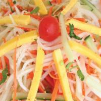 SL3. Mango Salad · Shredded radish, cucumber, organic carrot, cilantro and mango strips tossed in light vinaigr...
