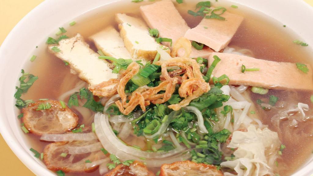 N3. Pho Noodle Soup · Rice noodles with soy protein and organic tofu in Pho soup, served with bean sprouts and herbs.