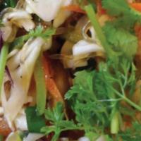 N12. Divine Kelp Noodle · Raw kelp noodle, organic carrot, cabbage, bell peppers, snow pea, parsley and slightly stir ...