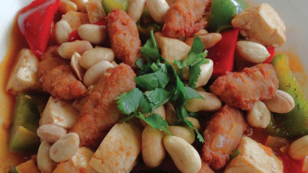 E24. Kung Pao · Soy protein, organic tofu, zucchini, bell pepper, peanuts and onion sauteed in spicy Kung Pao sauce.