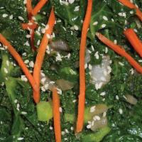 E26. Organic Green Kale · Stir fried organic green kale, organic carrot and onion, sprinkled with sesame seeds.