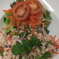 Larb · Choice of ground chicken, pork or beef, roasted rice powder, mint leaves, onion, thai chili ...