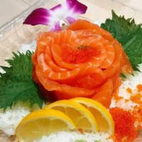 Salmon Don
 · Salmon sashimi over sushi nice.