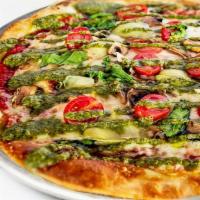 Veggie Pesto Pizza (Vegetarian Friendly) · House-Made Red Sauce, Mozzarella, Artichokes, Mushroom, Spinach, Grape Tomatoes. Finished wi...