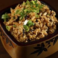 Three Mushroom Fried Rice · Enoki, shiitake, shimeji mushrooms, garlic soy, scallions