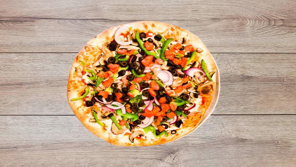 Vegetarian · Mushrooms, black olives, tomatoes, red onions and green bell peppers.