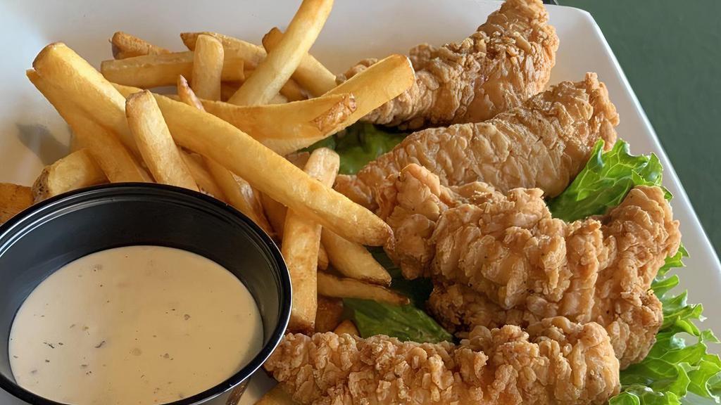 Chicken Strips · Battered chicken served with fries. Served with ranch, honey mustard or BBQ.