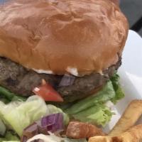 Western Hamburger · Bacon, onion rings, lettuce, tomato, onion, pickles, Bbq sauce, mayo, brioche bun. Add chees...