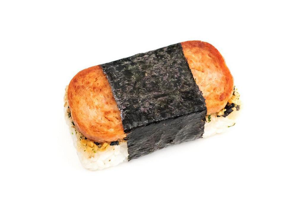 Garlic Spam Musubi · This Is our version of the “swoon-worthy Hawaiian snack” (The Washington Post) in the tradition of Japanese onigiri. We season and sear a slice of Spam, place it on a bed of white rice, add flavor with our sweet shoyu sauce and garlic crisps, and wrap the whole thing in nori.