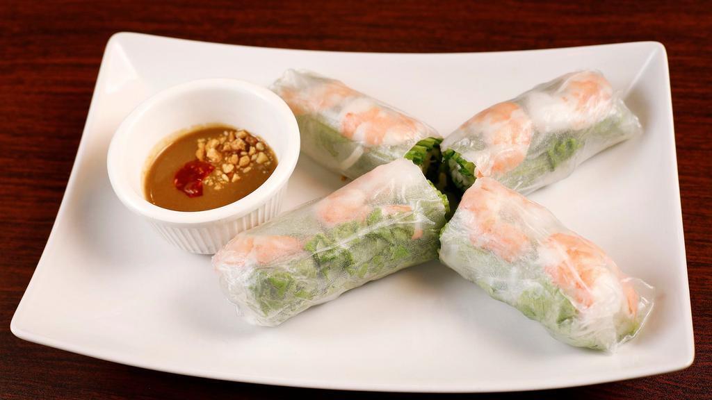Fresh Spring Rolls · Choice of poached shrimp,grilled beef, pork or seasoned veggie cold fresh rice paper rolls with lettuce, mint, and vermicelli noodles.
