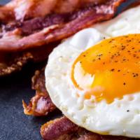 Bacon & Eggs Breakfast · Customer's choice of eggs preparation with crispy bacon strips and side of toast and hash br...