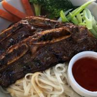 Grilled Short Rib with Garlic Noodle · Marinated Flavorful Short Rib with Tasty Garlic Rice Noodle and Steamed Mixed Vetables