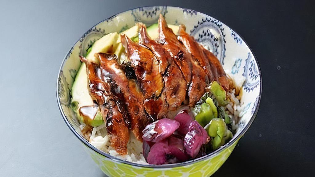 Unagi Don (Large) · Eel with sauce over rice pickled egg.