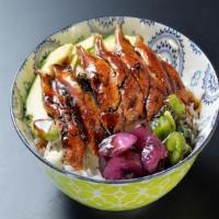 Unagi Don (Small) · Eel with sauce over rice pickled egg.