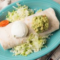 Super Burrito · Big burrito topped with guacamole and sour cream. Served with rice, beans, and cheese inside...