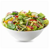 Tossed Green Salad · Fresh lettuce, tomatoes, onion, bell peppers, cucumber and spicy pepperoncinis. Your choice ...