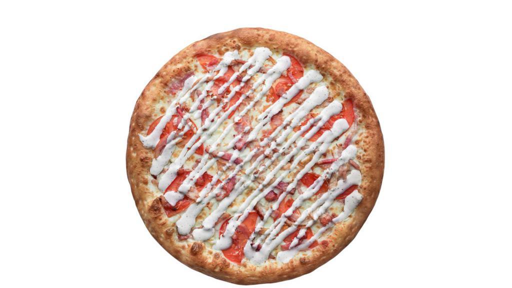 Peninsula Special Pizza · Our fresh, house made dough loaded with marinated chicken, fresh tomatoes and green onions, crispy bacon and fresh garlic and drizzled with ranch. Baked to perfection.