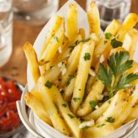 Garlic Fries · Mouthwatering fries loaded with fresh garlic. Comes with ketchup and chipotle aioli.