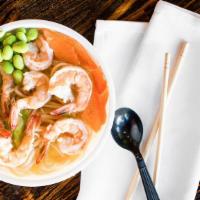 Shrimp Noodle Soup · Shrimp, napa cabbage, green cabbage, carrots, and edamame beans. Served with fresh chicken b...