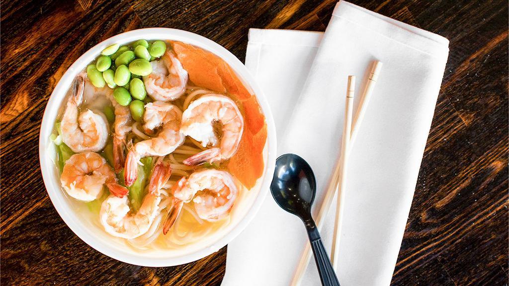 Shrimp Noodle Soup · Shrimp, napa cabbage, green cabbage, carrots, and edamame beans. Served with fresh chicken broth that is made daily.