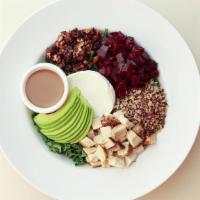 Roasted Beets, Grilled Chicken (870 cal.) and Quinoa · Kale, Organic spinach, grilled chicken, avocado, goat cheese, candied walnuts and balsamic v...