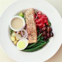 Salmon Nicoise (680 cal.) · Grilled salmon, romaine, tomato, kalamata olives, potatoes, red onion, egg, green beans, ore...