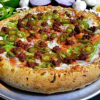 PIZZA CALIENTE  · Chorizo, Red Onions, Bell Peppers, & Tomatoes (Jalapeno Peppers upon request).