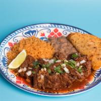 Birria plate · Halal Beef Birria with rice, beans, onions, cilantro, and tortillas.