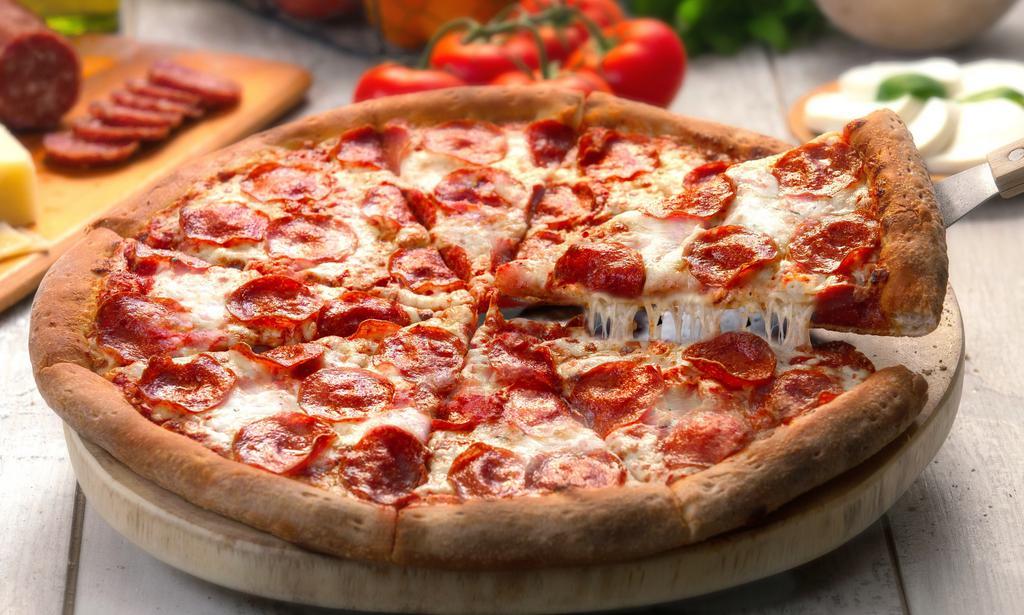Pepperoni Pizza · Pepperoni pizza with marinara sauce and mozzarella cheese.