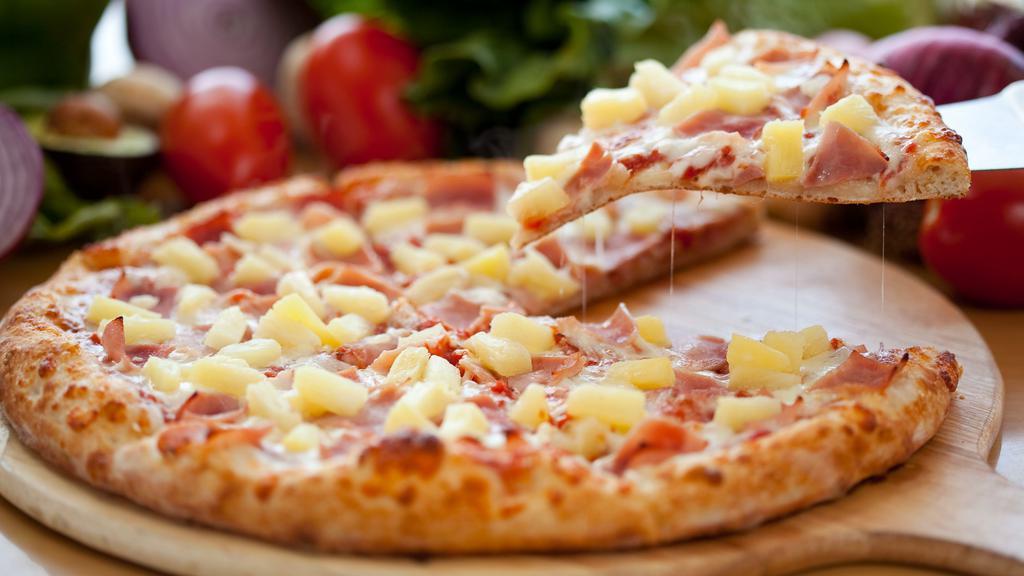 Hawaiian Pizza · Turkey ham with fresh pineapple, and mozzarella cheese with marinara sauce.