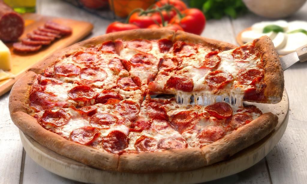 Pepperoni Pizza · Pepperoni pizza with marinara sauce and mozzarella cheese.