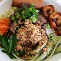 62. BÚN TÔM THỊT NƯỚNG CHẢ GIÒ · grilled lemongrass pork, shrimp vermicelli with egg roll