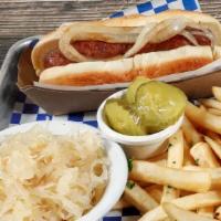 Beef Bratwurst · Served with garnish onion, sweet Bavarian mustard, and pickle. Served on a French roll, frie...