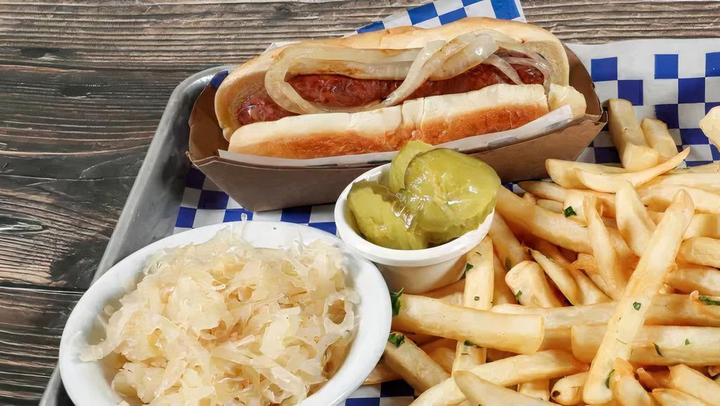 Beef Bratwurst · Served with garnish onion, sweet Bavarian mustard, and pickle. Served on a French roll, fries, and sauerkraut.