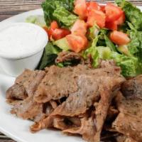 Doner Kebab Plate · Gyro platter. Lamb and beef sliced meat, served salad, rice, tzatziki sauce, chili sauce, an...