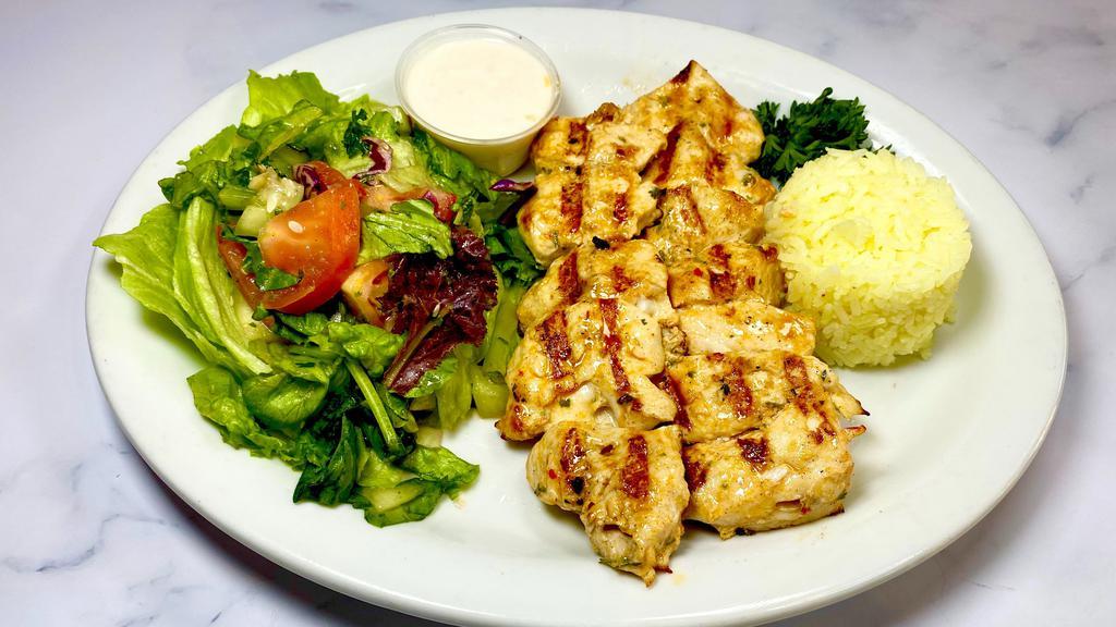 28. Chicken Kebab · Charcoal grilled with marinated chicken breast cubes.