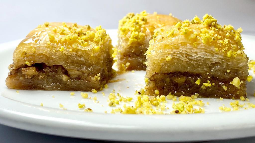 30. Baklava · Honey syrup with pistachios baked in filo.
