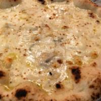 QUATTRO FORMAGGI (FOUR CHEESE) · mozzarella, gorgonzola, caciocavallo & smoked mozzarella cheese, basil (+ mushrooms 3) (Vege...