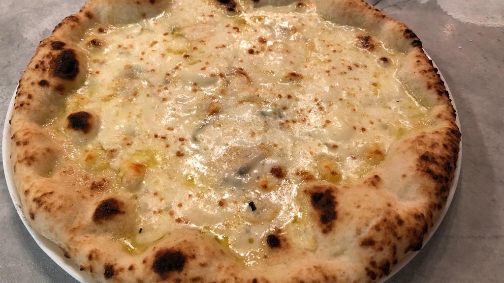 QUATTRO FORMAGGI (FOUR CHEESE) · mozzarella, gorgonzola, caciocavallo & smoked mozzarella cheese, basil (+ mushrooms 3) (Vegetarian)