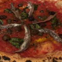 NAPOLETANA · hand crushed tomato, cetara anchovies, capers & taggiasca olives (+Ramini bufala mozzarella ...