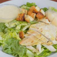 Chicken Caesar Salad · Chopped Romaine, chicken breast, lemon-anchovy vinaigrette, parmesan, and garlic croutons.