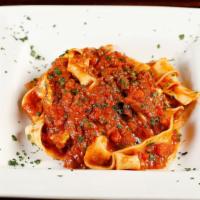 Pappardelle al Cinghiale · Homemade large bread fettuccine noodle with wild boar meat ragout (Fort Hunter, Central Cali...