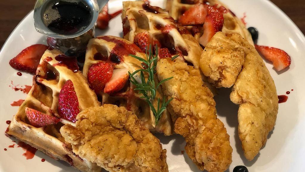 Chicken 'n' Waffles · Belgian strawberry and rosemary waffle. Served with fried chicken tenders.