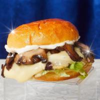 Smash Shroom Burger · Smash burger with mushrooms, swiss cheese, and mayo.