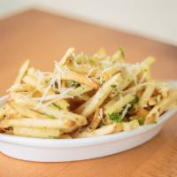 Parmesan Garlic Fries · French fries tossed in gilroy garlic and parsley herb butter, finished with fresh grated Par...